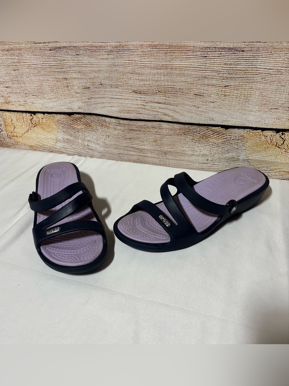 CROCS Black Strappy Sandals with Lavender Footbed